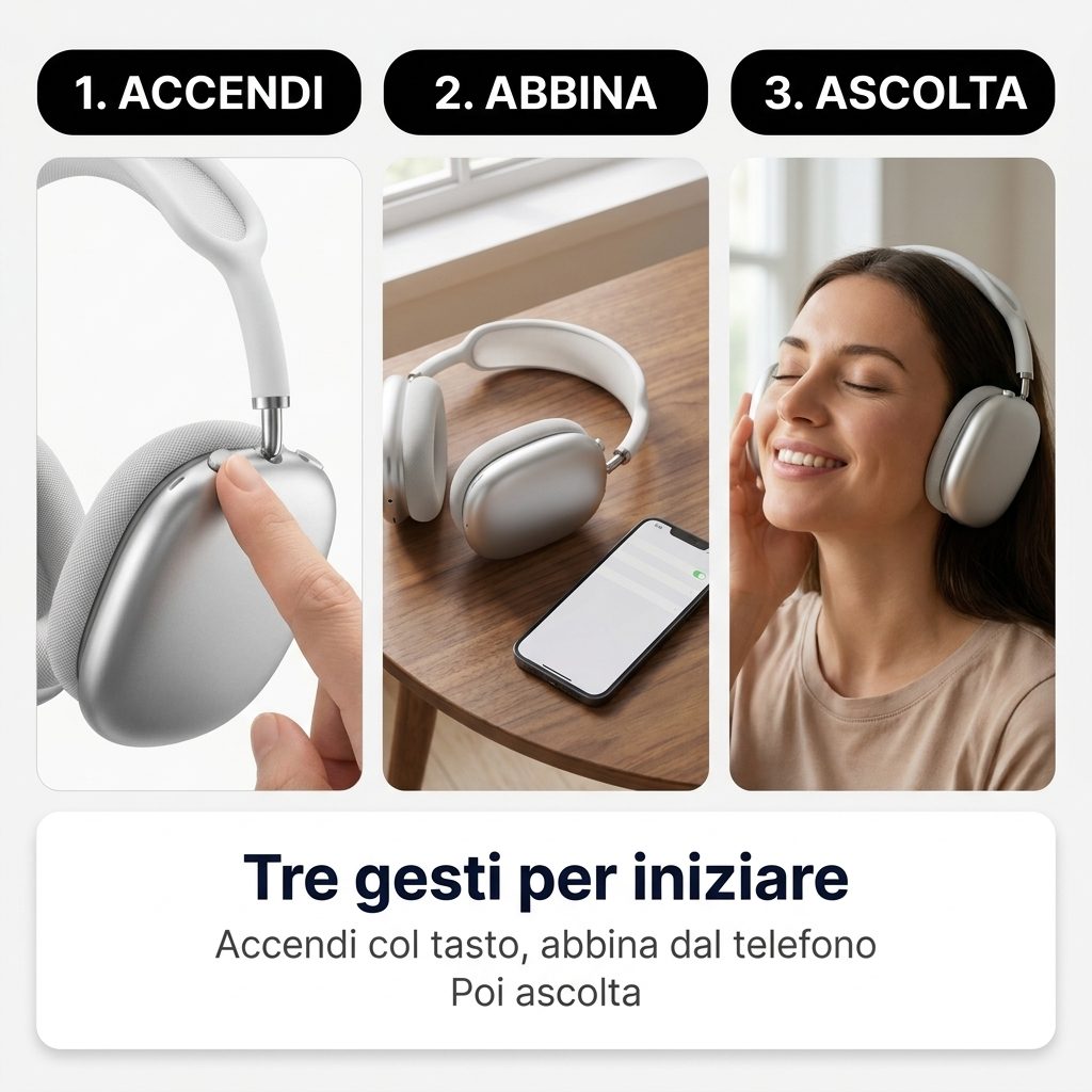 Tre gesti per iniziare: accendere col tasto, abbinare dal telefono, ascoltare
