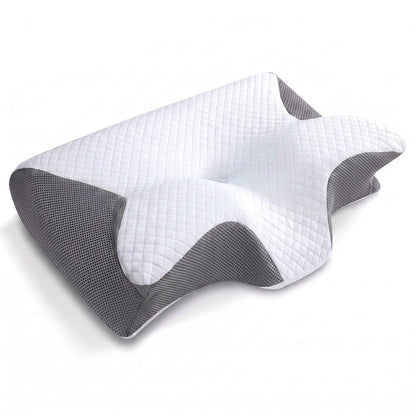 Cuscino cervicale memory foam che sostiene la nuca di una donna sdraiata di lato