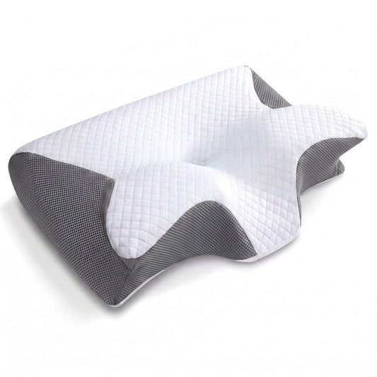 Cuscino cervicale memory foam che sostiene la nuca di una donna sdraiata di lato