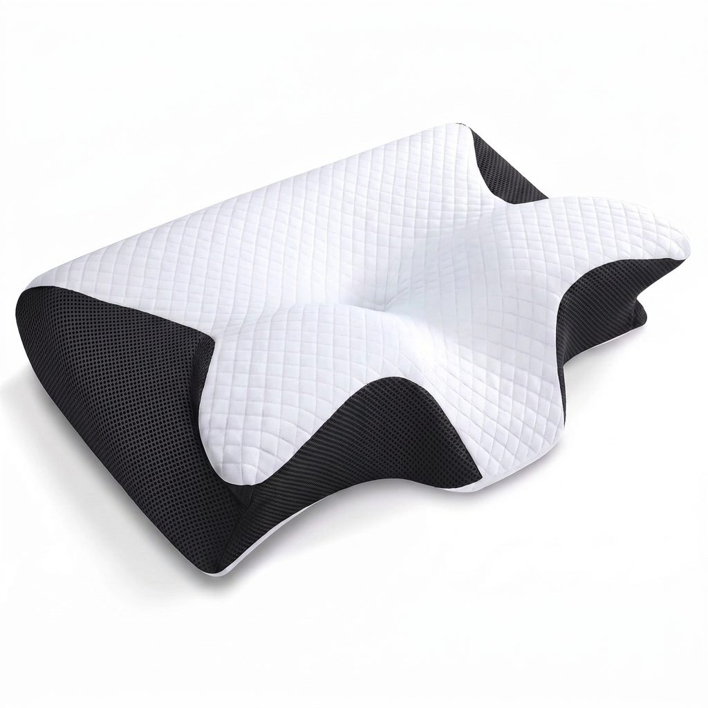 Cuscino cervicale nero in memory foam che sostiene la nuca di una donna sdraiata di lato