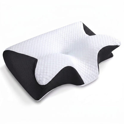 Cuscino cervicale nero in memory foam che sostiene la nuca di una donna sdraiata di lato