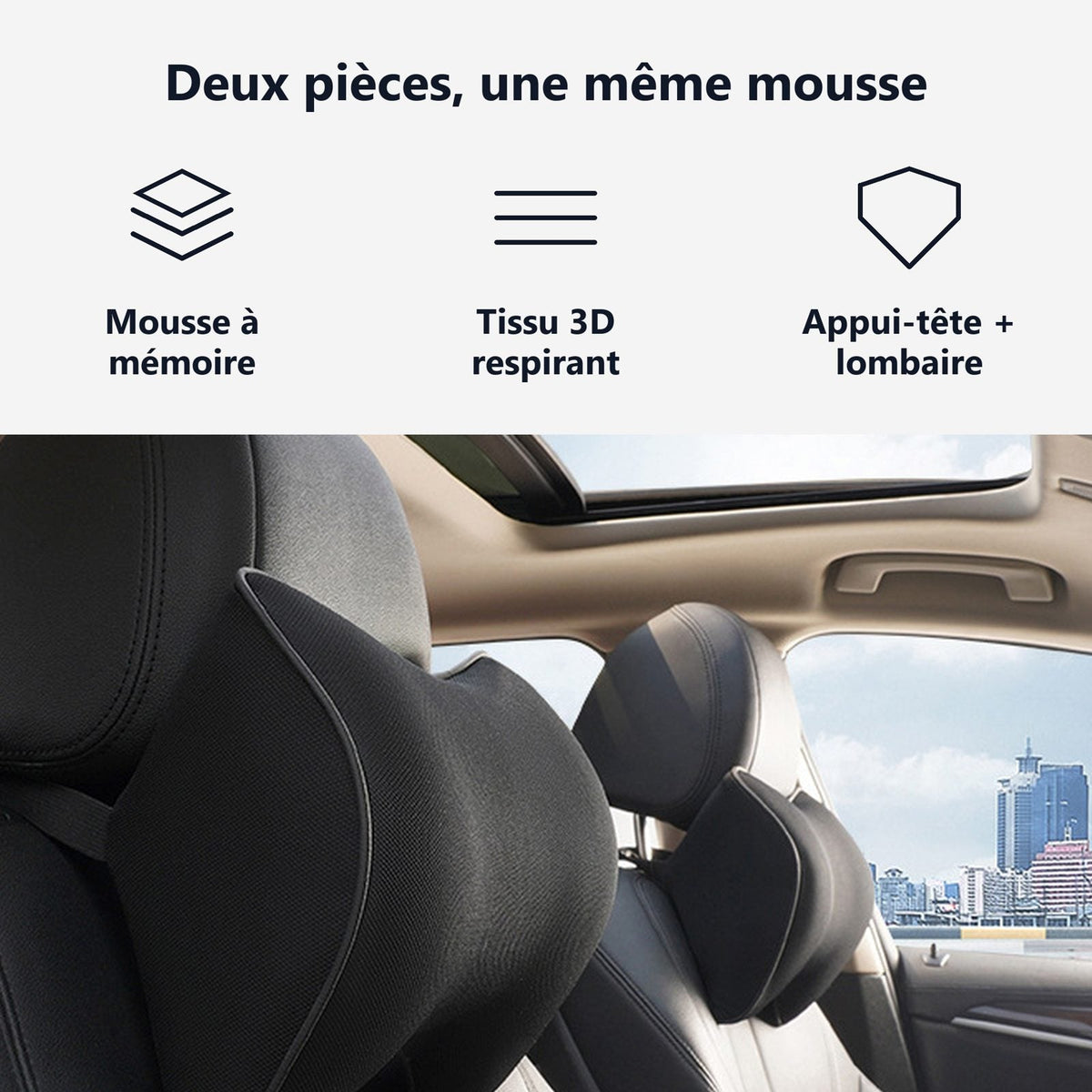 Due pezzi, la stessa schiuma: memory foam, tessuto 3D traspirante, cuscino cervicale e lombare