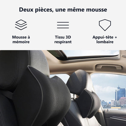 Due pezzi, la stessa schiuma: memory foam, tessuto 3D traspirante, cuscino cervicale e lombare