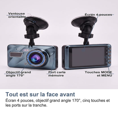 Tutto sul corpo della dash cam: schermo 4 pollici, obiettivo grandangolare 170°, cinque tasti e porte sul bordo