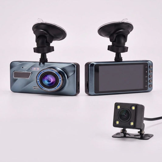Dash cam anteriore e posteriore per auto con schermo 4 pollici e telecamera di retromarcia