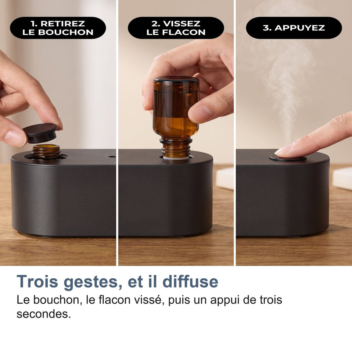 Tre gesti, e diffonde: il tappo, la boccetta avvitata, poi una pressione di tre secondi