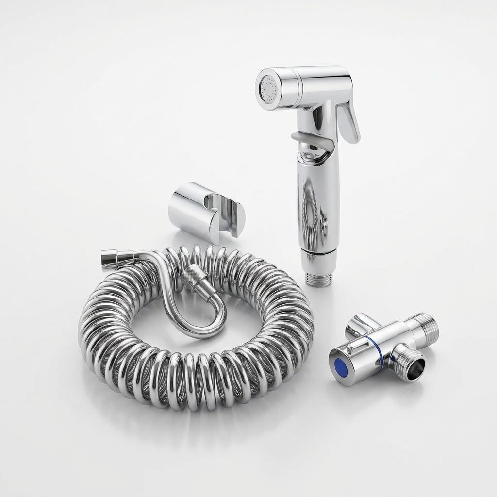 Doccetta WC in ottone con rubinetto a doppia uscita e flessibile 2 m, finitura cromo