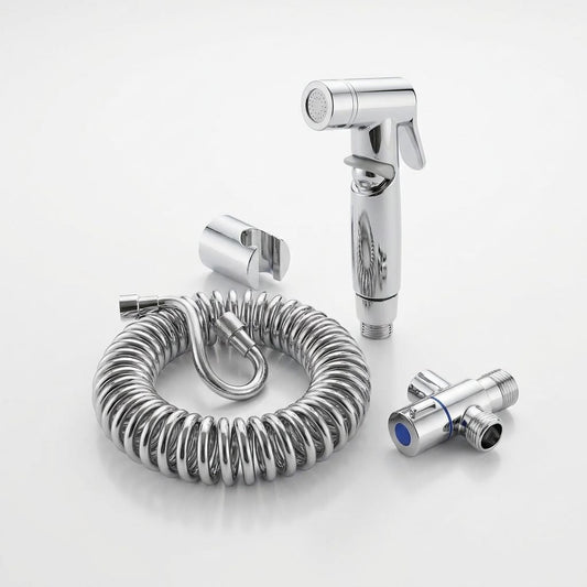Doccetta WC in ottone con rubinetto a doppia uscita e flessibile 2 m, finitura cromo
