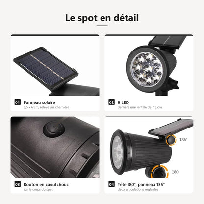 Dettagli del faretto solare: pannello solare da 8,5 x 6 cm, nove LED dietro una lente da 7,3 cm, pulsante in gomma, testa orientabile su 180 gradi e pannello su 135 gradi
