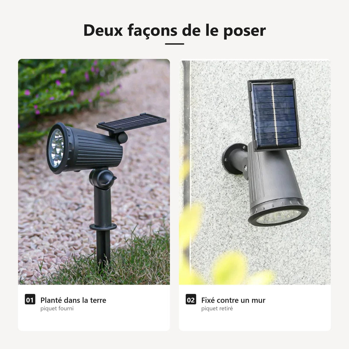 Due modi di posare il faretto solare: piantato nel terreno con il picchetto, oppure fissato a un muro senza picchetto