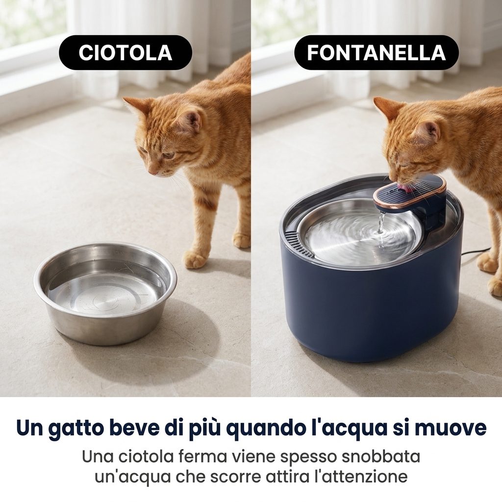 Un gatto beve di più quando l'acqua si muove: una ciotola ferma viene spesso snobbata, un'acqua che scorre attira l'attenzione