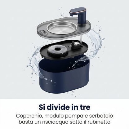 Si divide in tre: coperchio, modulo pompa e serbatoio, basta un risciacquo sotto il rubinetto