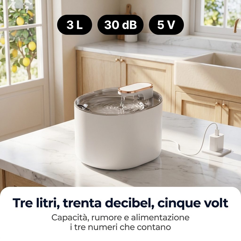 Tre litri, trenta decibel, cinque volt: capacità, rumore e alimentazione, i tre numeri che contano