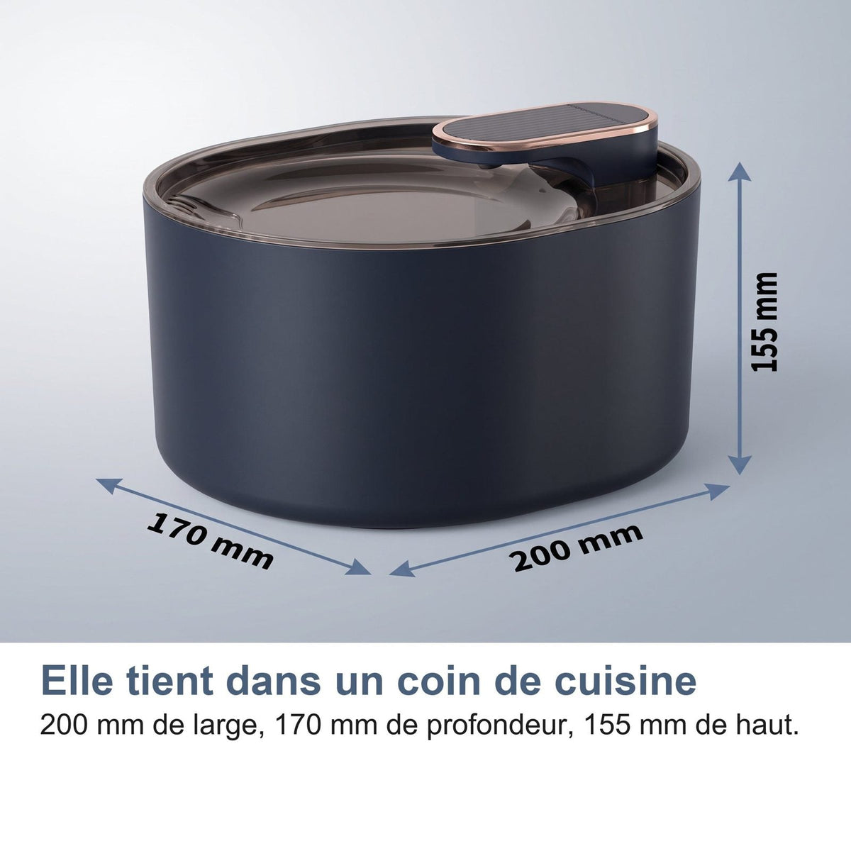 Sta in un angolo della cucina: 200 mm di larghezza, 170 mm di profondità, 155 mm di altezza