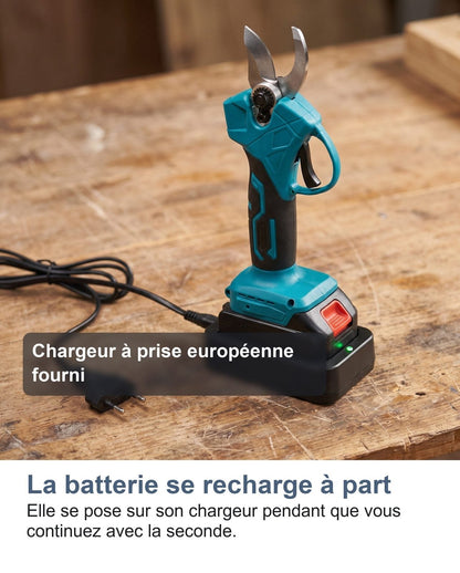 La batteria delle forbici elettriche sul suo caricabatterie