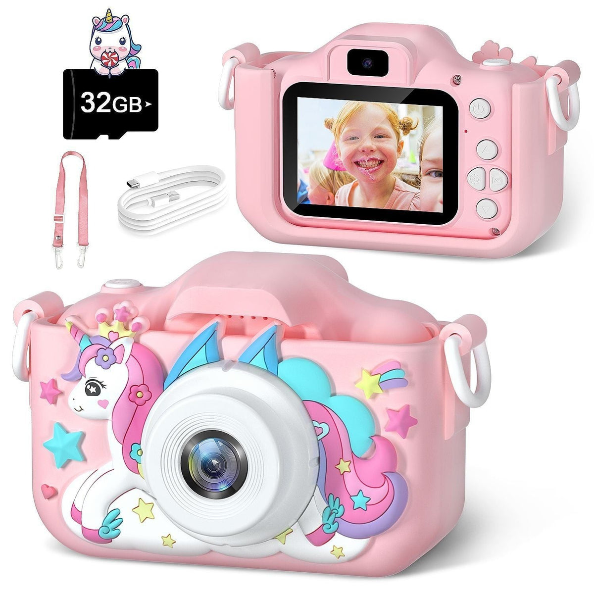 Fotocamera per bambini digitale rosa, custodia unicorno in silicone morbido