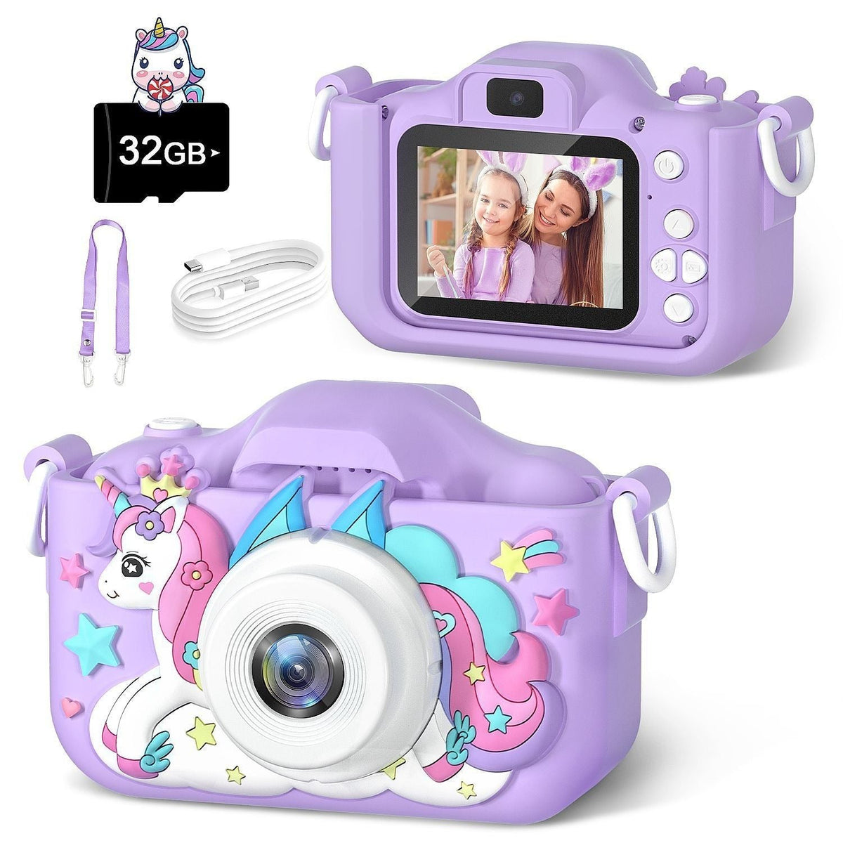 Fotocamera per bambini digitale viola, custodia unicorno in silicone morbido