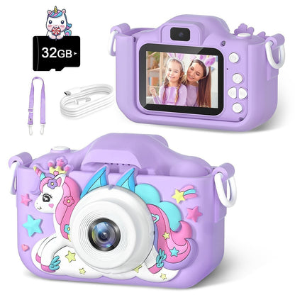 Fotocamera per bambini digitale viola, custodia unicorno in silicone morbido