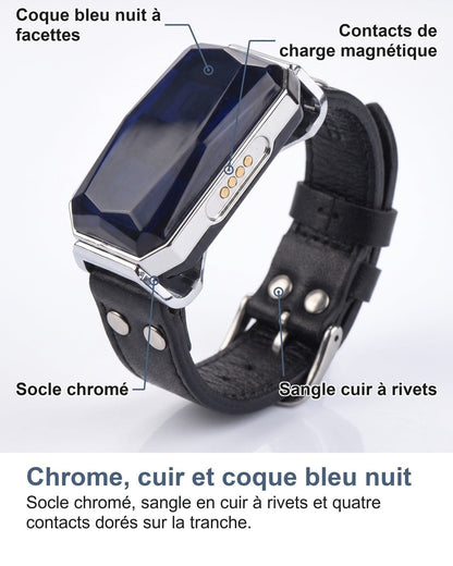 Cromo, pelle e scocca blu notte: base cromata, cinghia in pelle con rivetti e quattro contatti dorati sul bordo