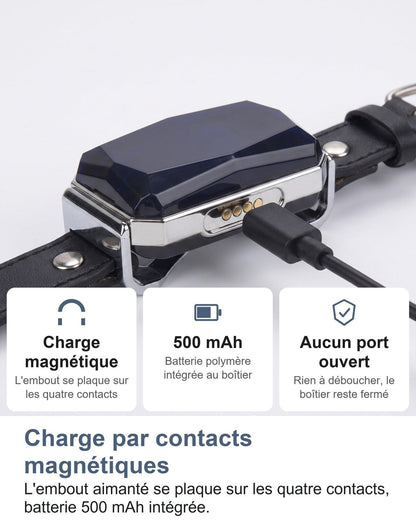 Ricarica a contatti magnetici: il connettore calamitato si aggancia ai quattro contatti, batteria da 500 mAh integrata