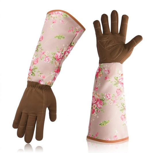 Guanti da giardinaggio lunghi, modello marrone fiori rosa