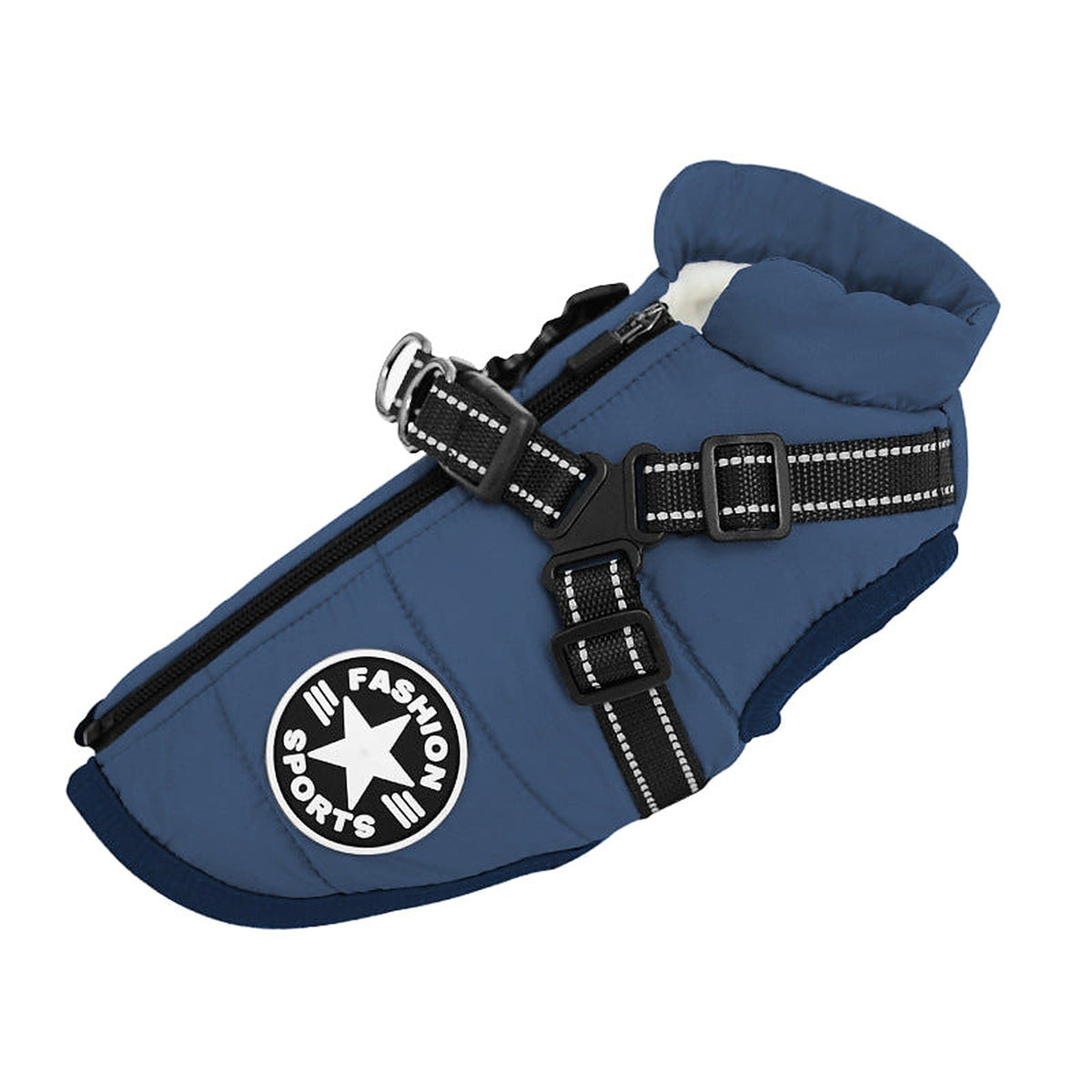 Impermeabile cane con pettorina integrata e anello per guinzaglio, colore blu