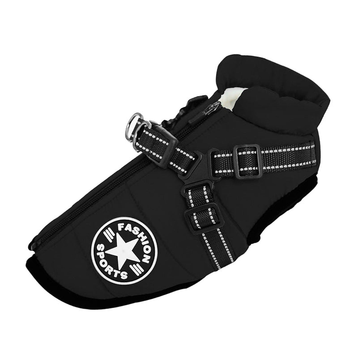 Impermeabile cane con pettorina integrata e anello per guinzaglio, colore nero