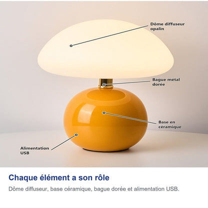 Ogni elemento ha il suo ruolo: cupola opalina, anello dorato, base in ceramica, USB