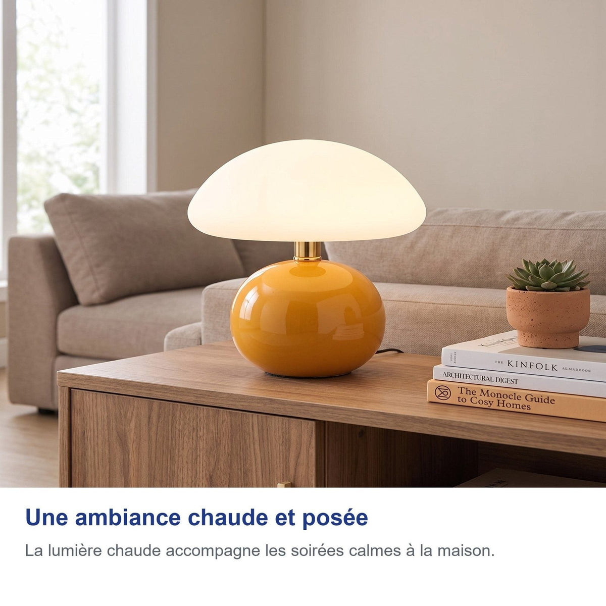 Un'atmosfera calda e rilassata con la lampada a fungo accesa