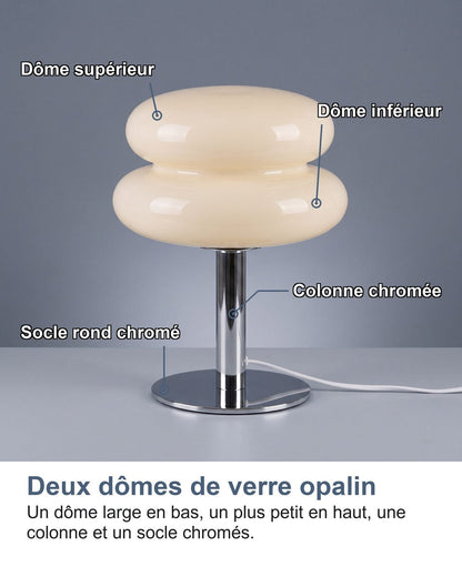 Le quattro parti della lampada con il loro nome: cupola superiore, cupola inferiore, colonna cromata, base rotonda cromata