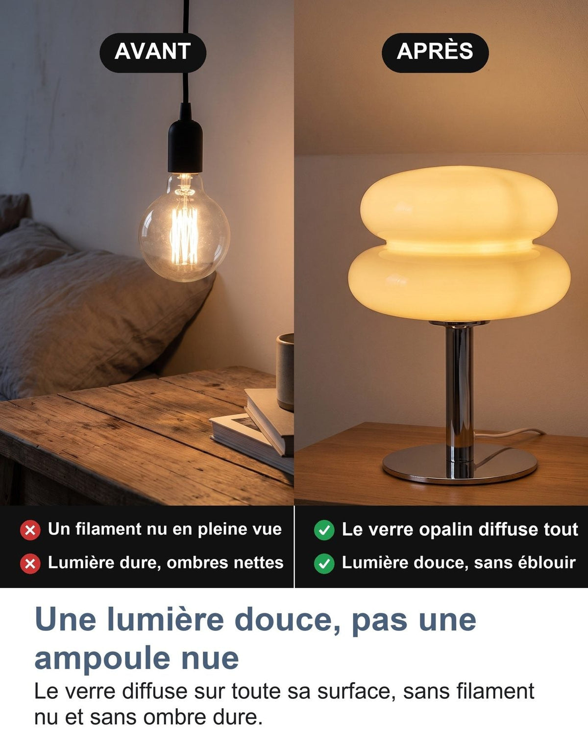 Una lampadina nuda sospesa, poi la lampada appoggiata sul comodino