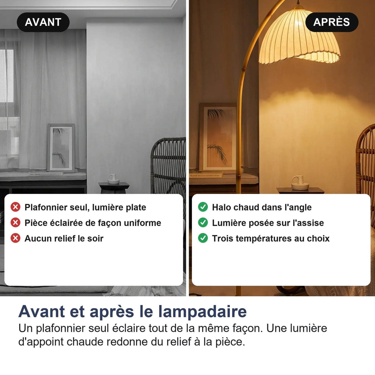 Prima e dopo la lampada da terra ad arco
