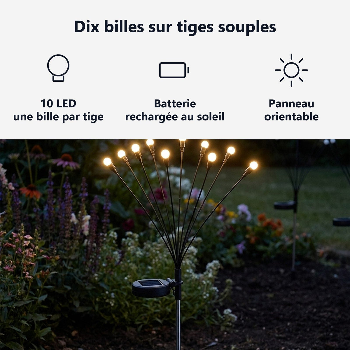 Dieci sfere luminose su steli flessibili