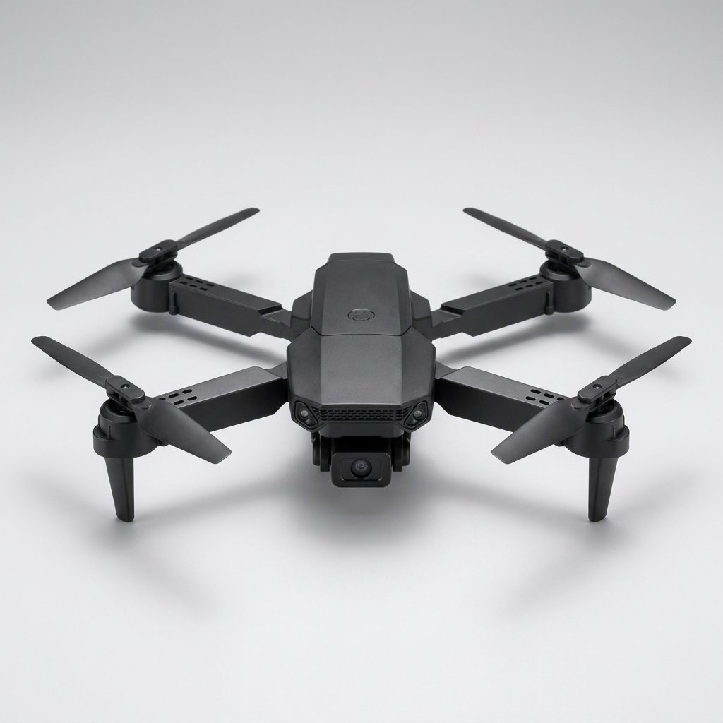 Mini drone con telecamera pieghevole nero in volo sopra un prato