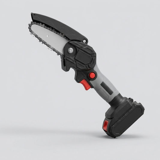 Mini motosega a batteria usata per tagliare un ramo in giardino