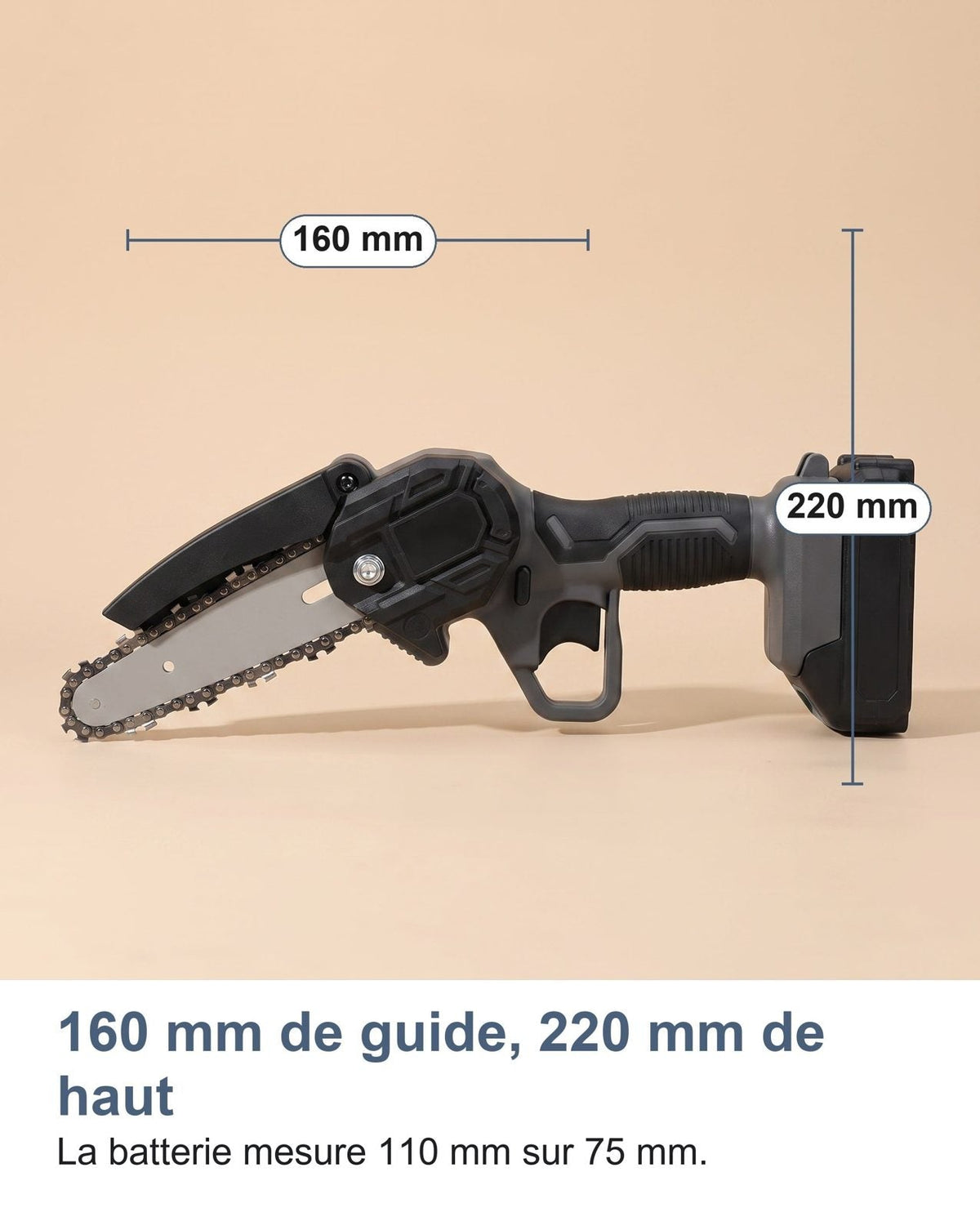 Dimensioni della mini motosega: barra da 160 mm, altezza 220 mm