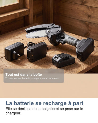 La batteria al litio della motosega appoggiata sul suo caricabatterie