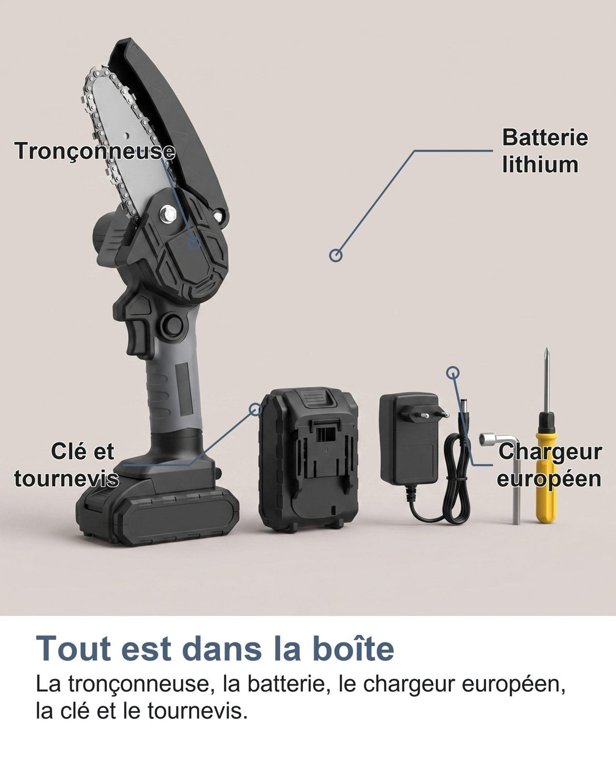 Il contenuto della scatola della mini motosega a batteria