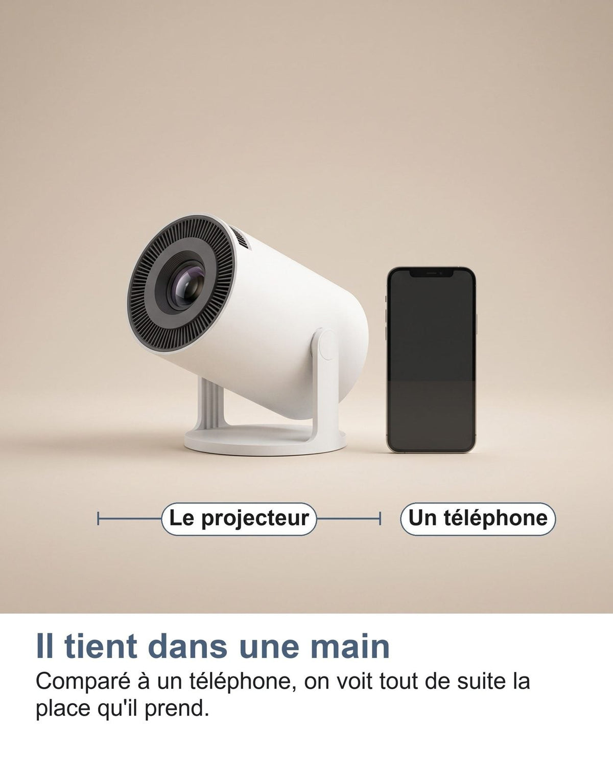 Le dimensioni del mini proiettore portatile a confronto con un telefono