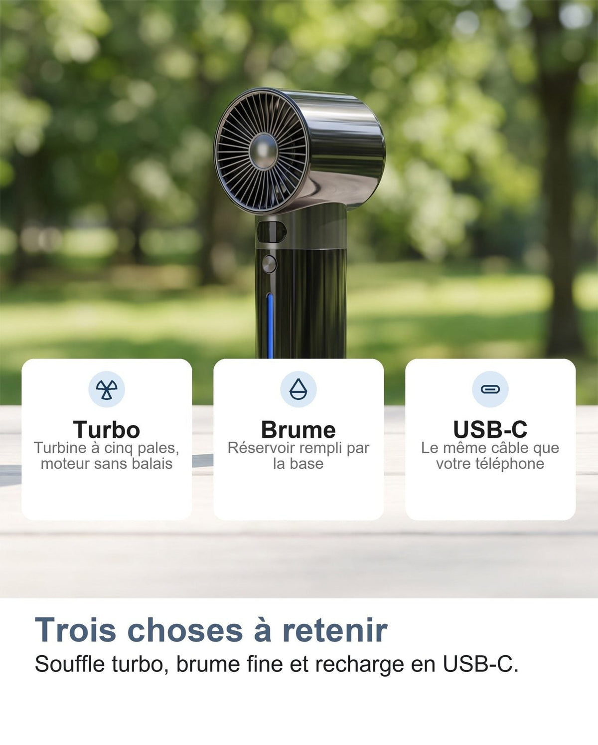 Il mini ventilatore turbo appoggiato su un tavolo