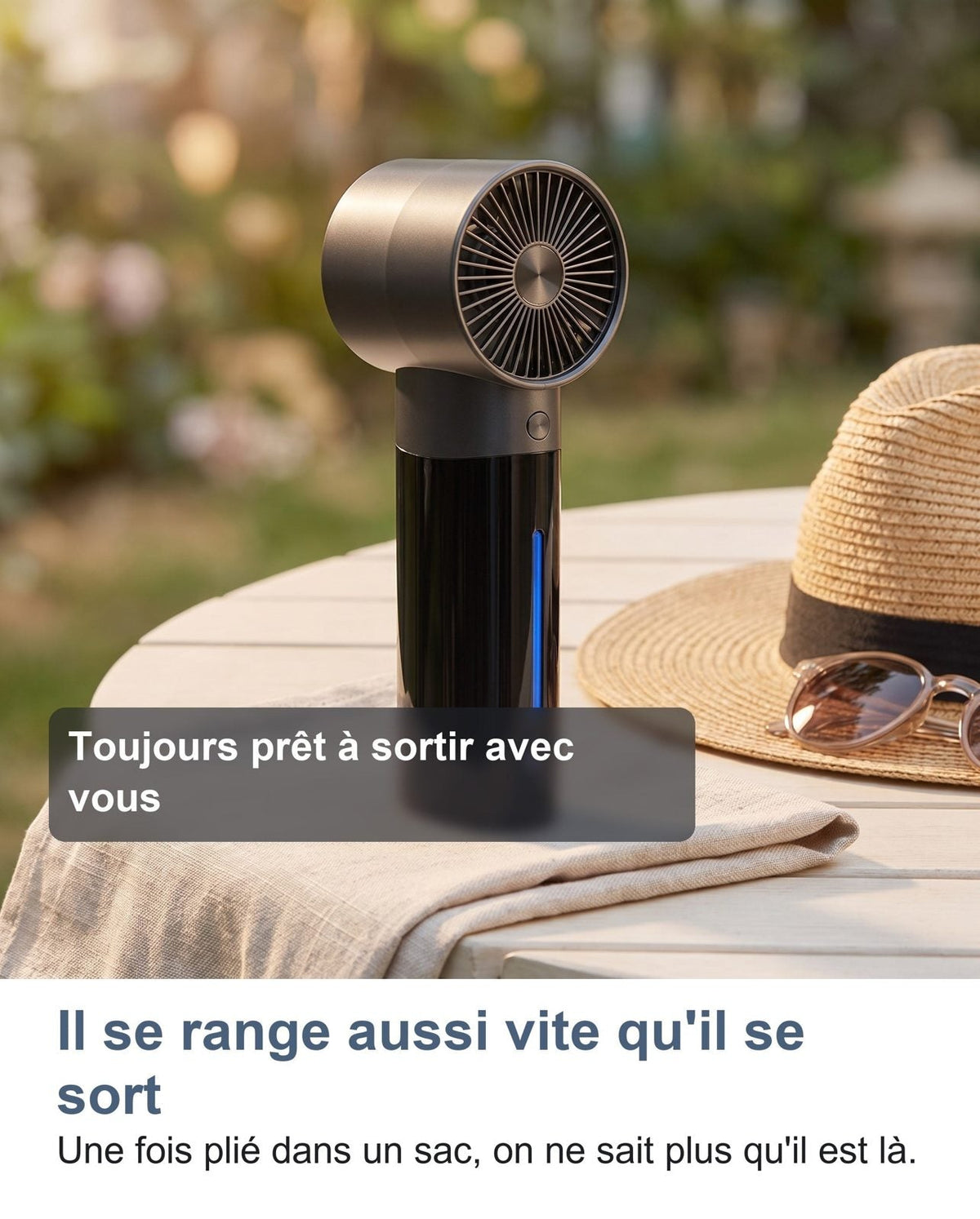 Il mini ventilatore turbo appoggiato vicino a un cappello