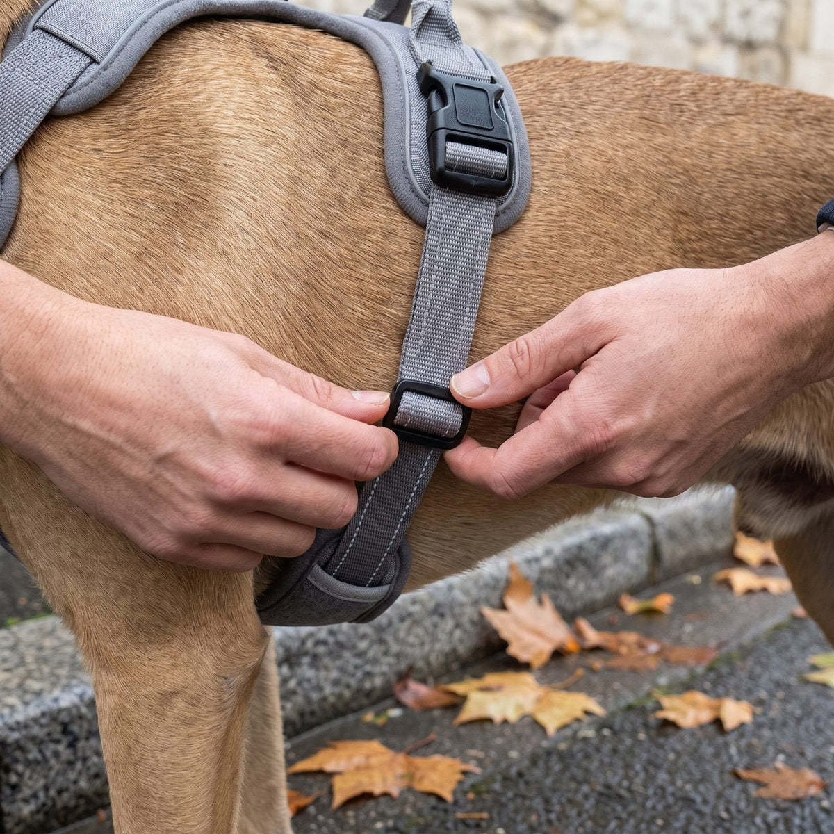 Regolazione della cinghia ventrale della pettorina cane grigia
