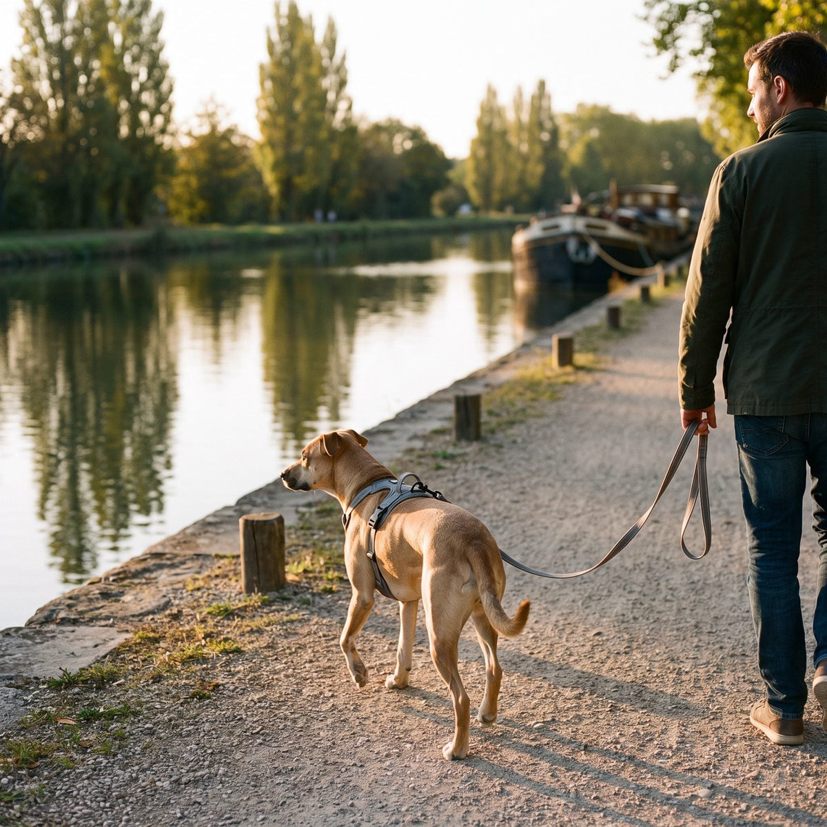 Cane in passeggiata lungo un canale con la pettorina grigia