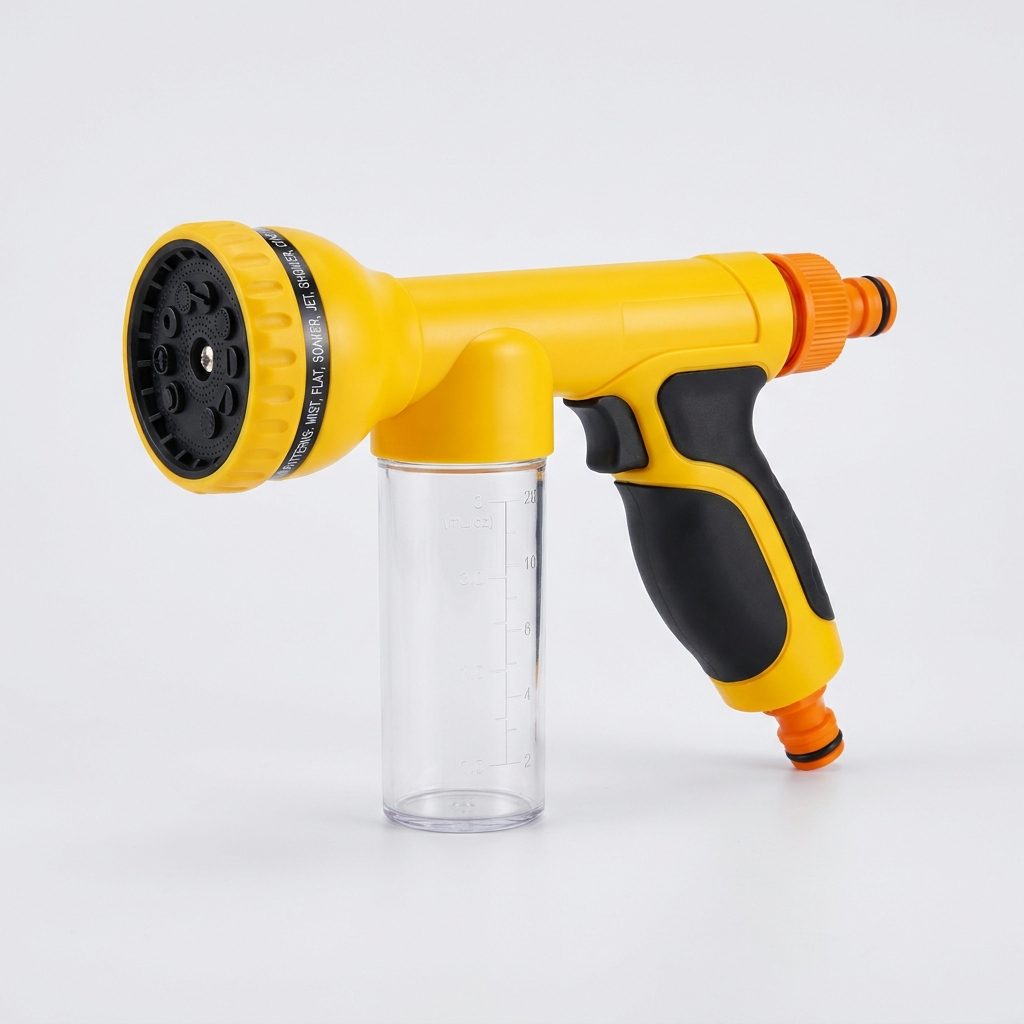 Pistola irrigazione 8 getti con serbatoio sapone, colore giallo