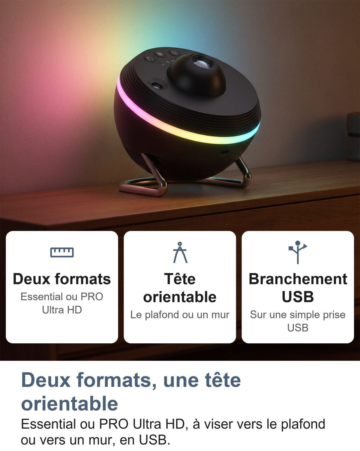Due formati, testa orientabile, alimentazione USB