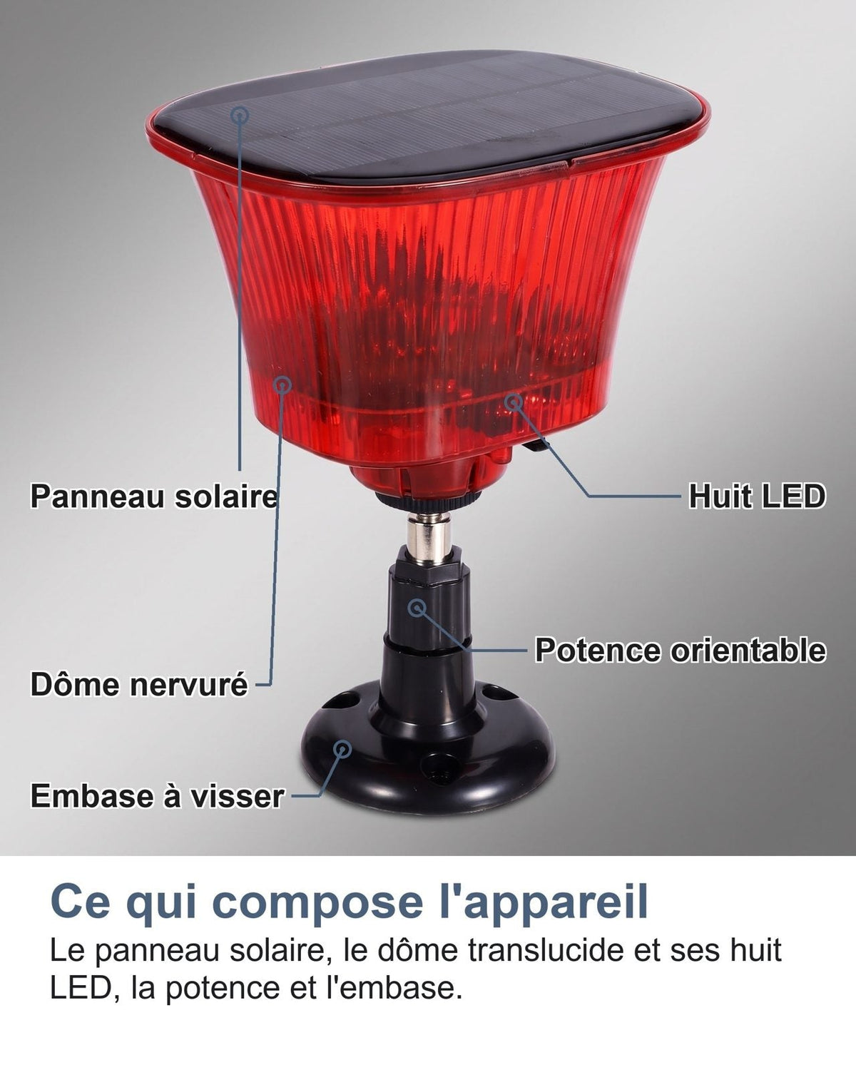 Com'è fatto: il pannello solare, la cupola traslucida con gli otto LED, il braccio e la base
