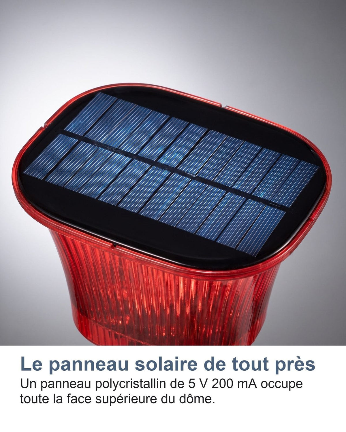 Il pannello solare da vicino: un pannello policristallino da 5 V 200 mA occupa tutta la faccia superiore della cupola