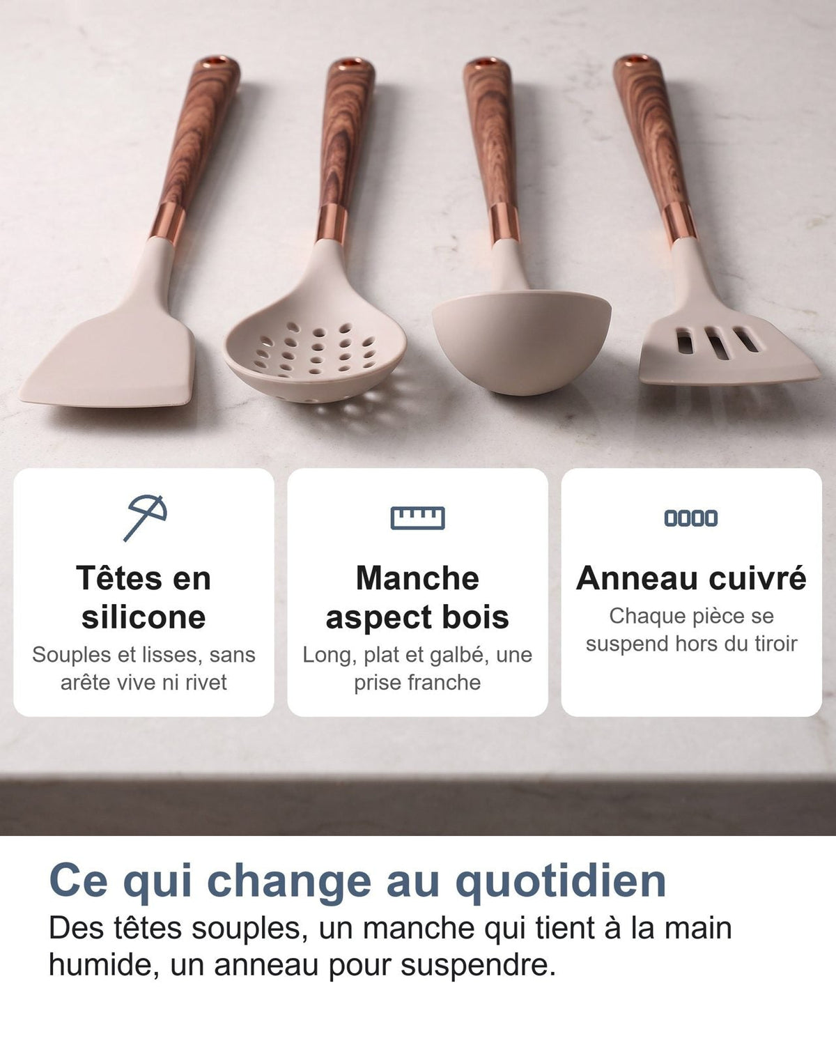 Quattro utensili e tre schede: teste in silicone, manico effetto legno, anello ramato