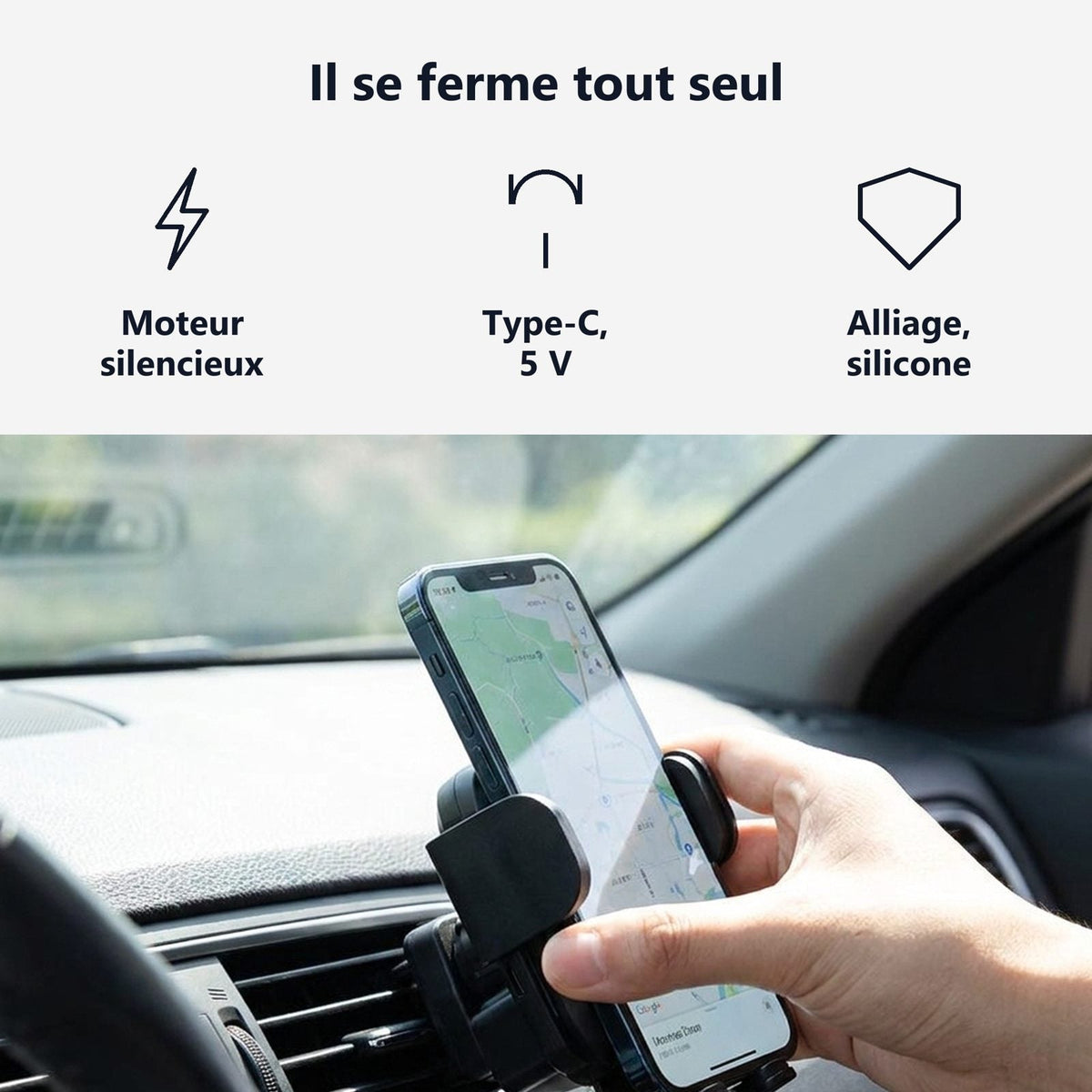 Supporto telefono auto a chiusura automatica, scheda tecnica visiva