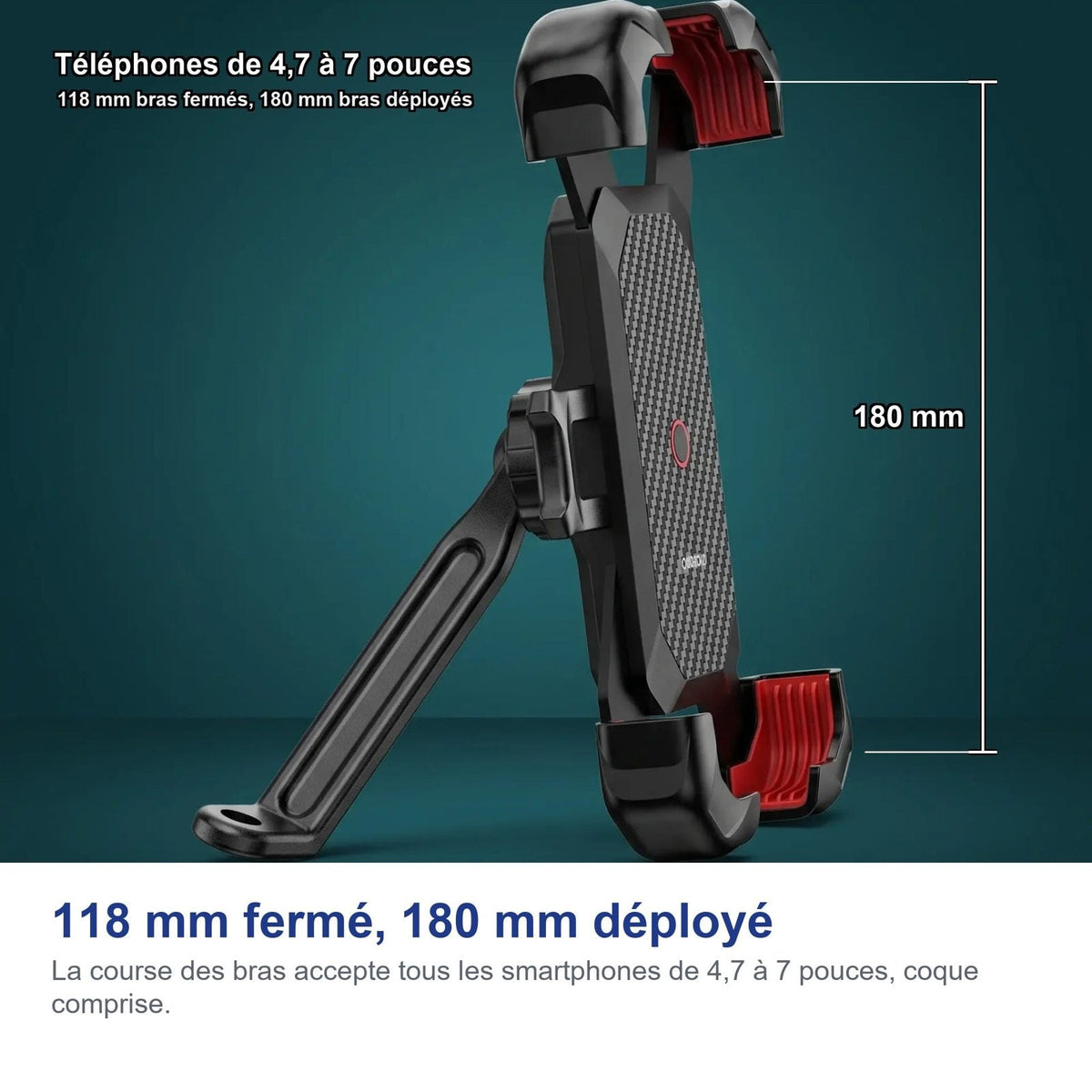 Dimensioni del supporto: 118 mm a bracci chiusi, 180 mm a bracci aperti